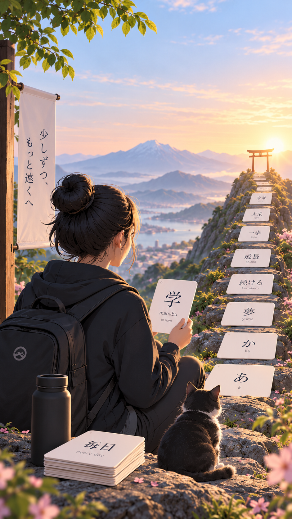 A learner reviews Japanese flashcards at sunrise